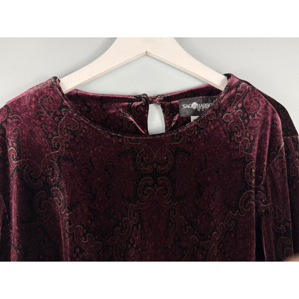 Sag Harbor Velour Velvet Tunic Top 1X Long Sleeve Burgundy Red Holiday Paisley - Picture 2 of 9